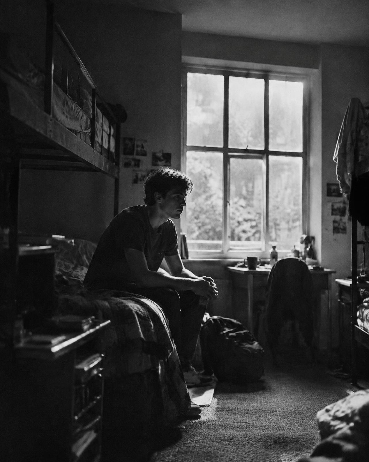 A resident sitting in a shared hostel room